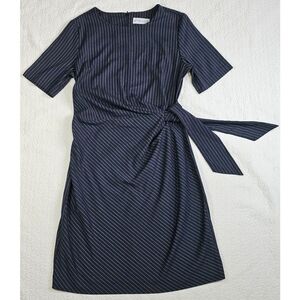 Estee Lauder Navy Blue Pin Strip Draped Tie Waist Dress
